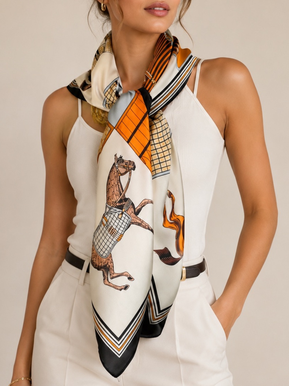 Hermès-Inspired Equestrian Scarf (Polyester Satin Feel)